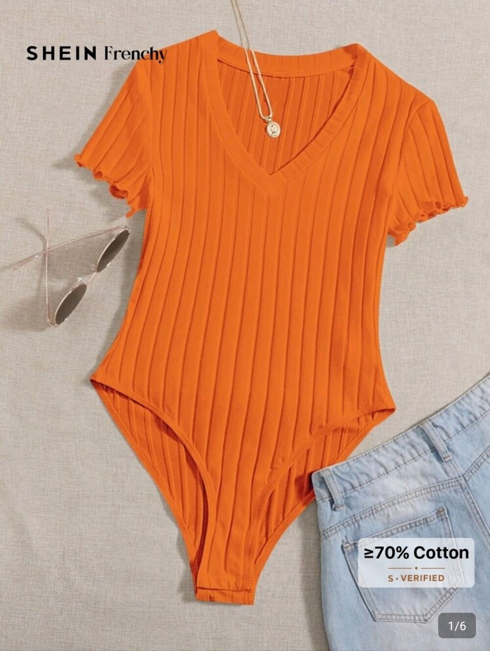 SHEIN Ribbed Orange V-Neck Bodysuit